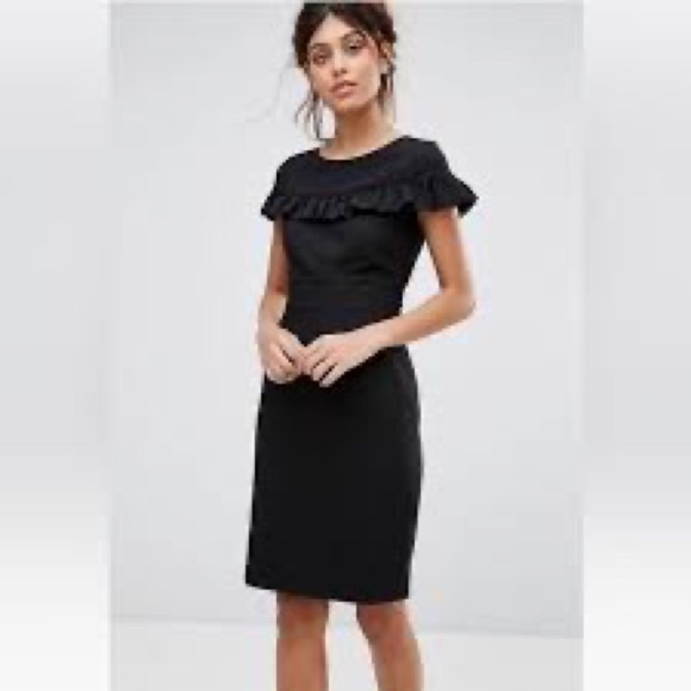 Closet London | Black pencil dress with ruffle and cap sleeves | Size 12